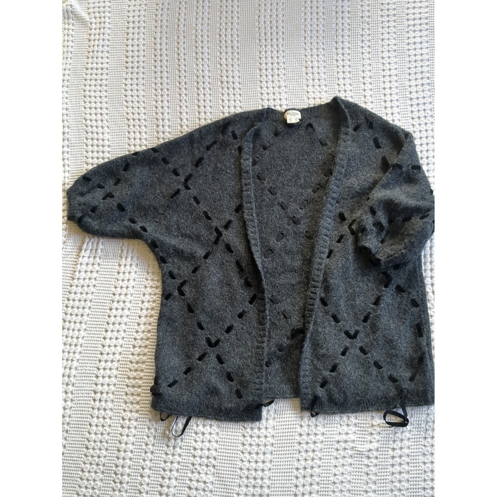 Allison New York Cardigan Sweater Ribbon Cutout Open Front Medium Charcoal Gray